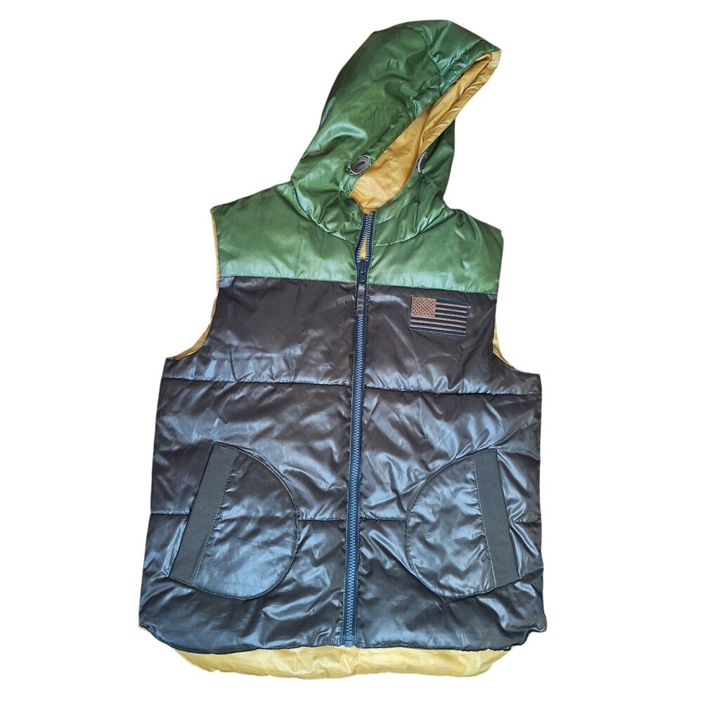 Rocawear Classic Reversible Hooded Puffer Vest Mens Medium Y2K Hip Hop Flag Gold